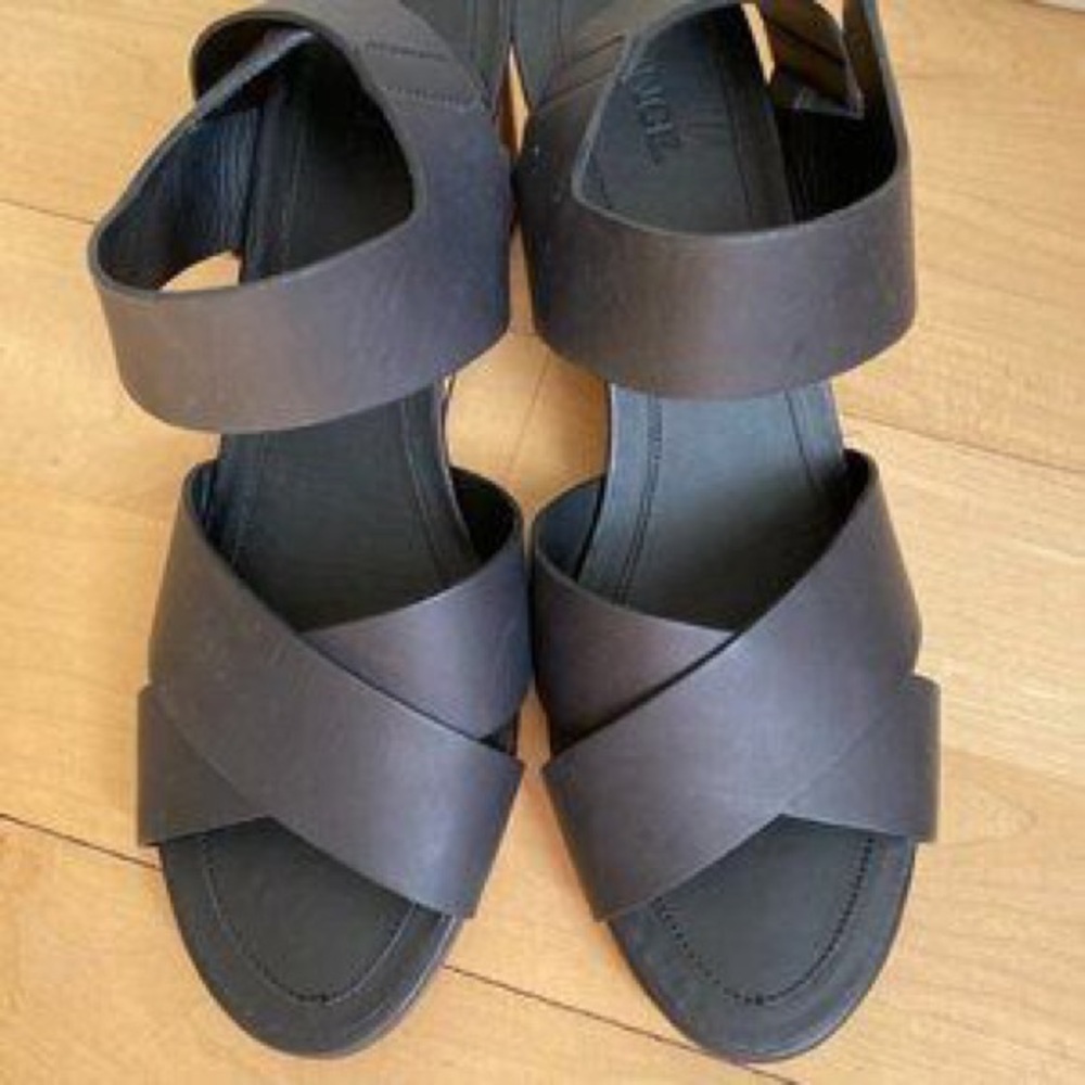 Vince Black Wide Crossover Wedge Sandals